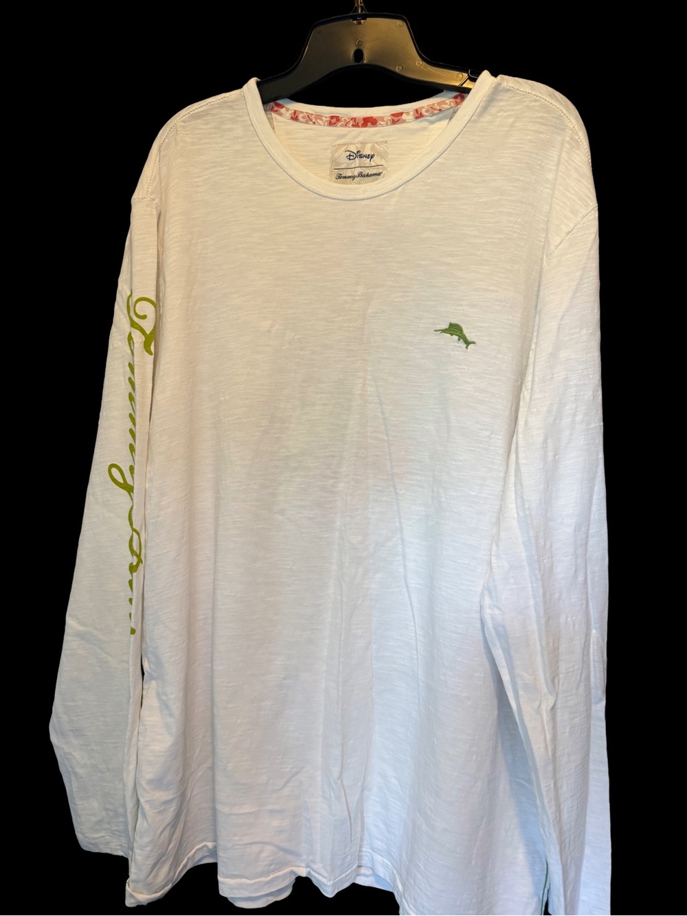 Tommy Bahama White Long Sleeve Tee with Lime Green Dolphin & Sleeve Script